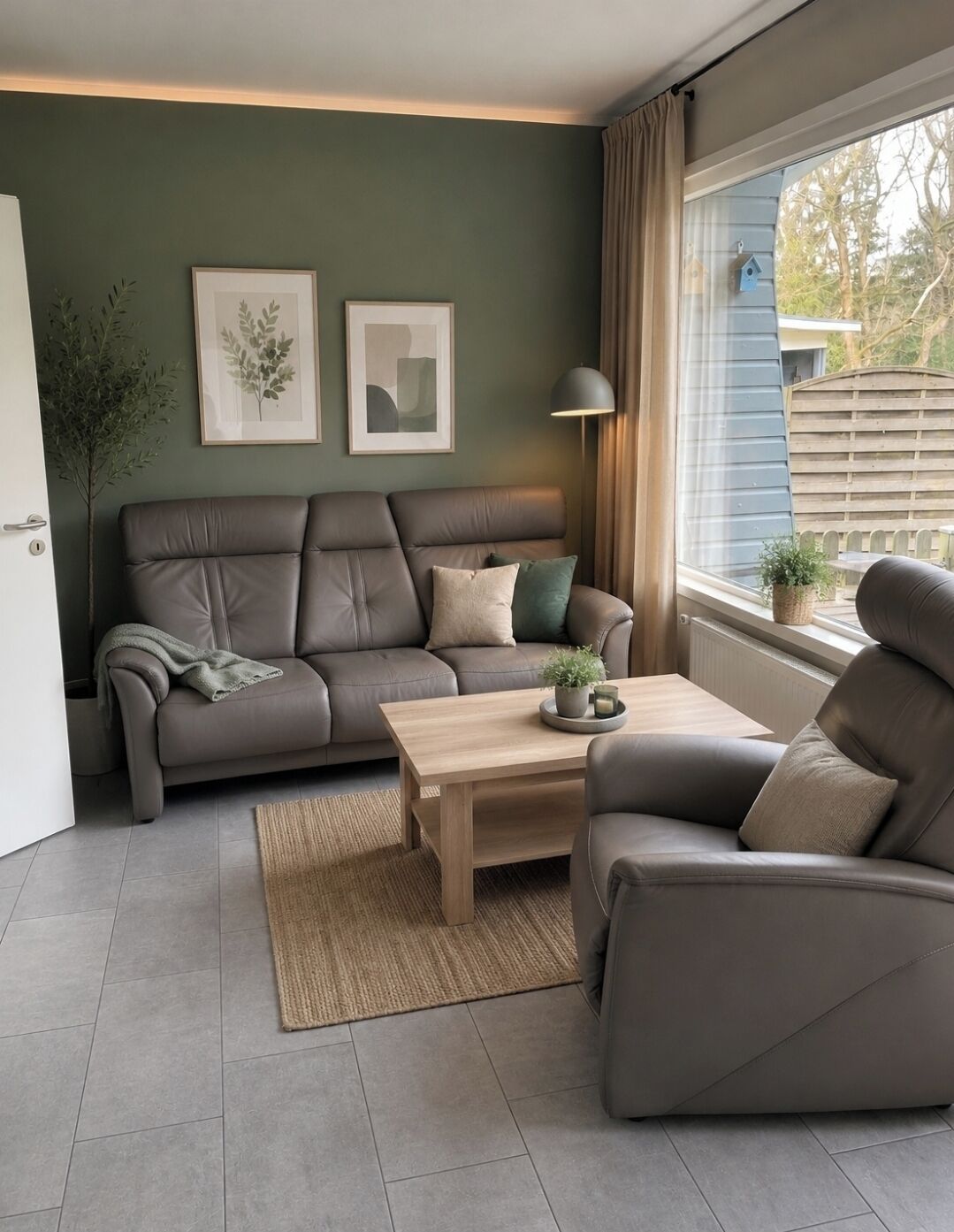 A modern living room with a sofa, a coffee table, and a lamp.