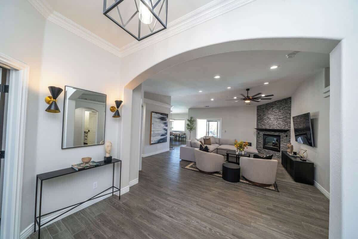 TV, fireplace, books, offices