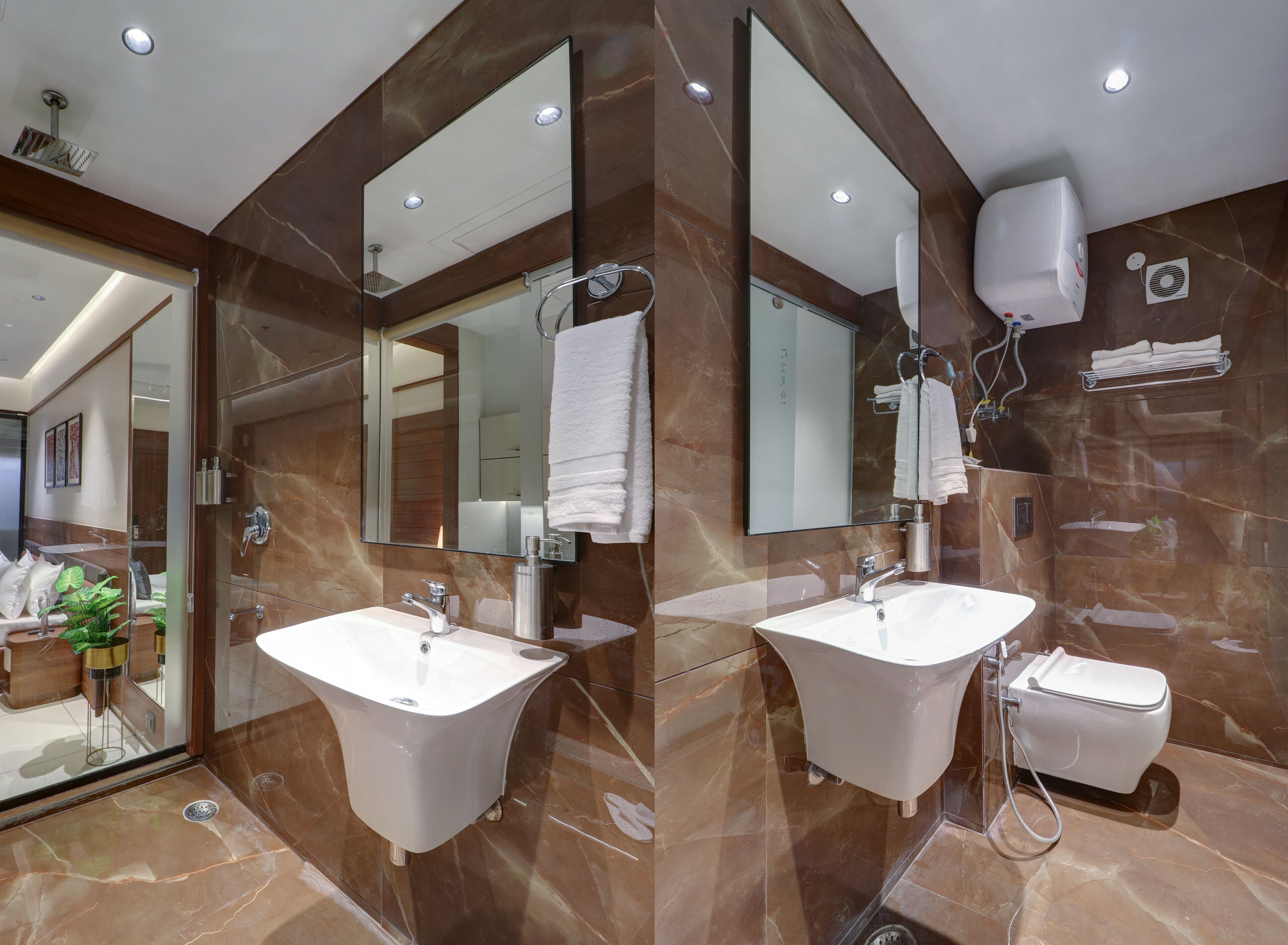 A modern bathroom with two sinks, a large mirror, and a shower.