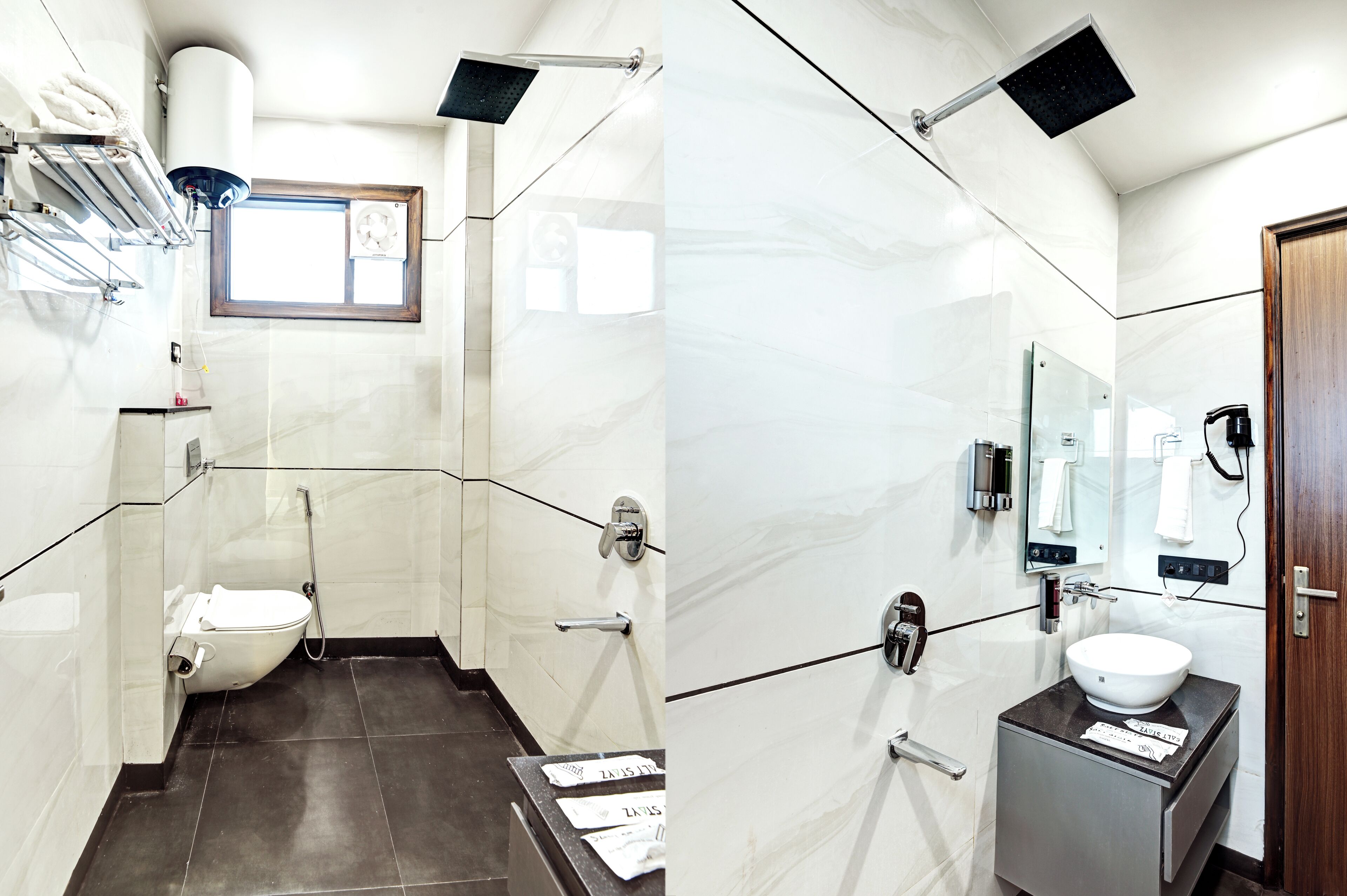 Un baño moderno con inodoro, bidé y lavabo.