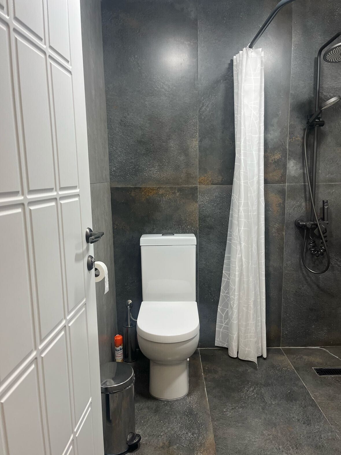 A bathroom with a toilet, a shower, and a toilet paper holder.