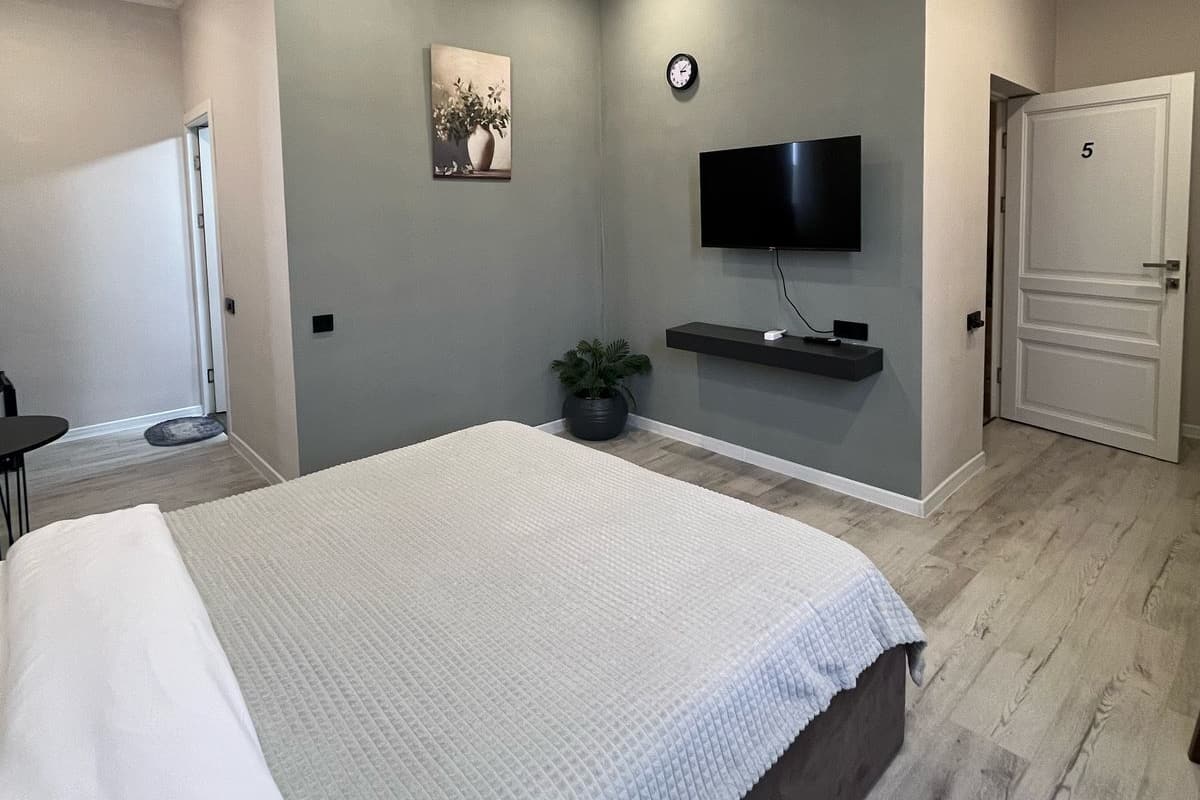 A bedroom with a large bed, a flat-screen TV mounted on the wall, a small potted plant, and a door labeled with the number 5.
