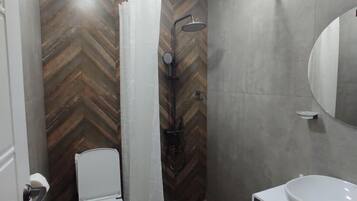 A modern bathroom with a herringbone wood floor, a shower with a curved showerhead, a toilet, and a vanity with a mirror.