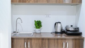 Une cuisine compacte avec des meubles en bois, un évier en acier inoxydable, une plante en pot, une bouilloire et une plaque de cuisson portable.
