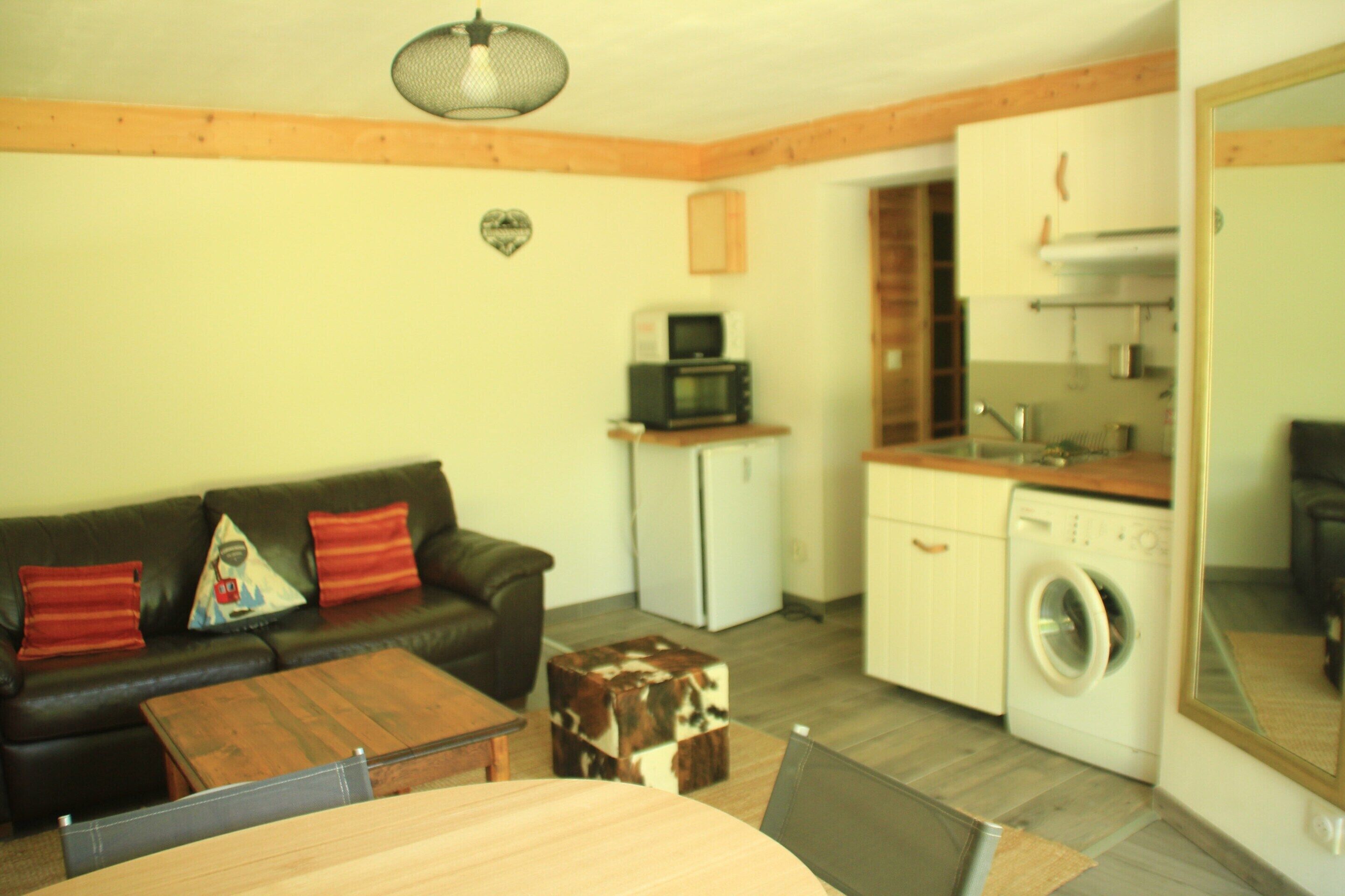 A compact living space with a sofa, a dining table, a kitchen area including a washing machine, and a microwave.