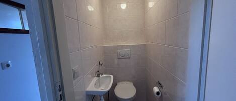 Et lille badeværelse med toilet, håndvask og toiletpapirholder.