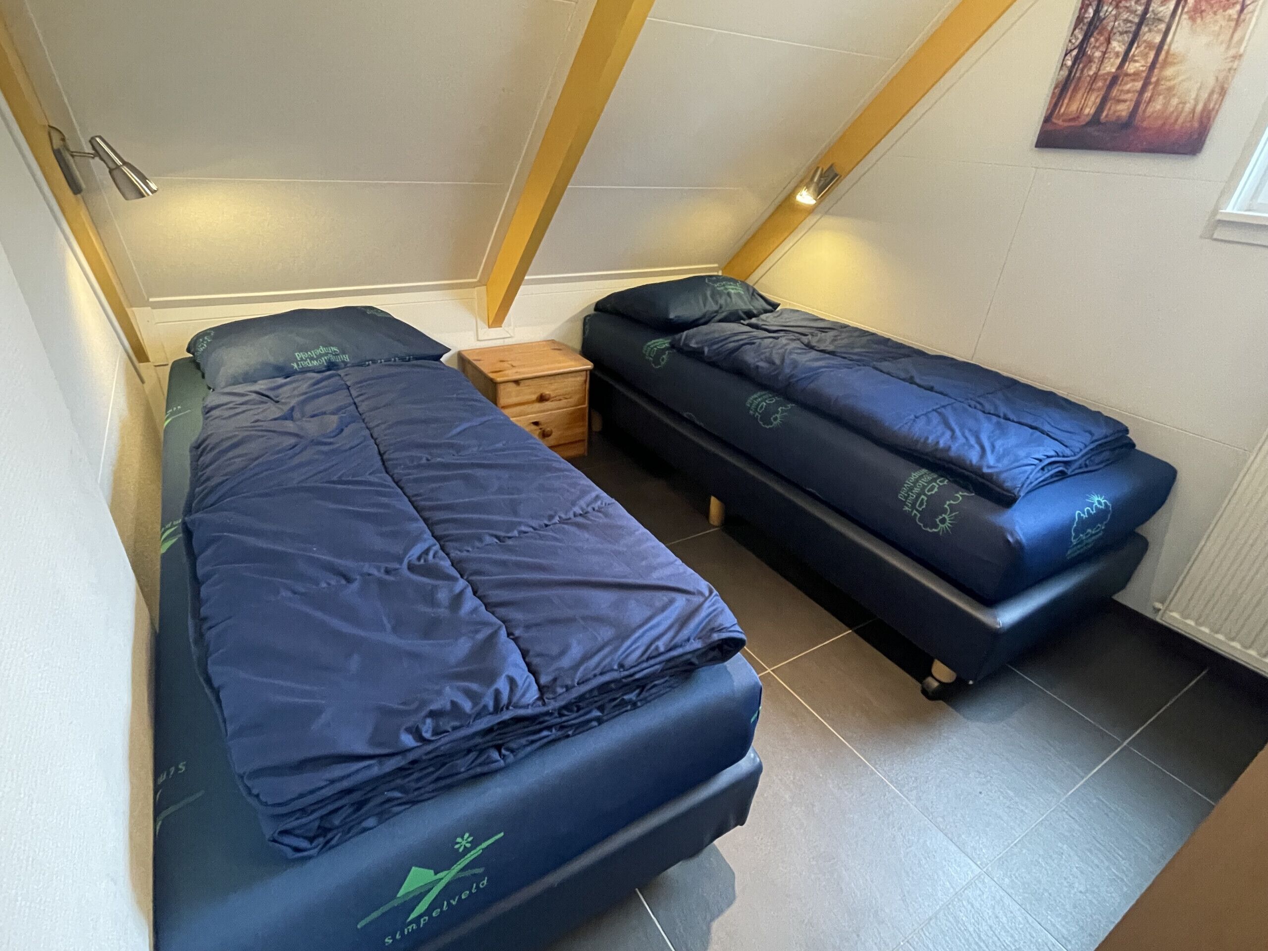 Une petite chambre avec deux lits simples, chacun doté d’un matelas bleu et d’un oreiller assorti. Une petite table de chevet en bois se trouve entre les lits, et une petite fenêtre est située sur le mur de droite.
