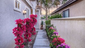 A narrow pathway flanked by vibrant bougainvillea and a palm tree, leading to a house with a tiled roof and a light fixture on the wall.