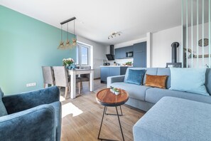 Tv, eldstad och en stereo