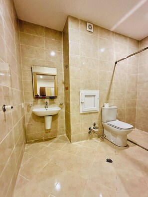 Une salle de bain équipée d’un lavabo, d’un miroir, de toilettes et d’une douche.