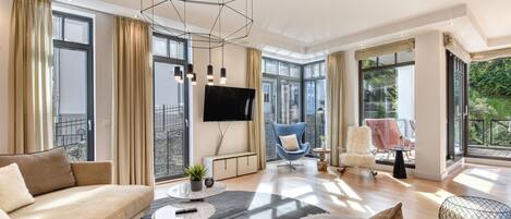 Télévision, cheminée, baby-foot, livres