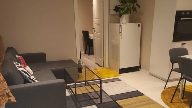 Un salon moderne avec un canapé gris, une table à manger avec des chaises, un coin cuisine équipé d’un réfrigérateur et d’un four, et un téléviseur fixé au mur.