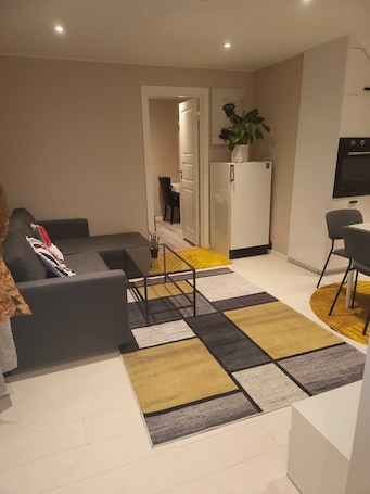 Living area. Charming 1-bedroom apartment in nice Akershus with WiFi, AC at Hanaborg train s.