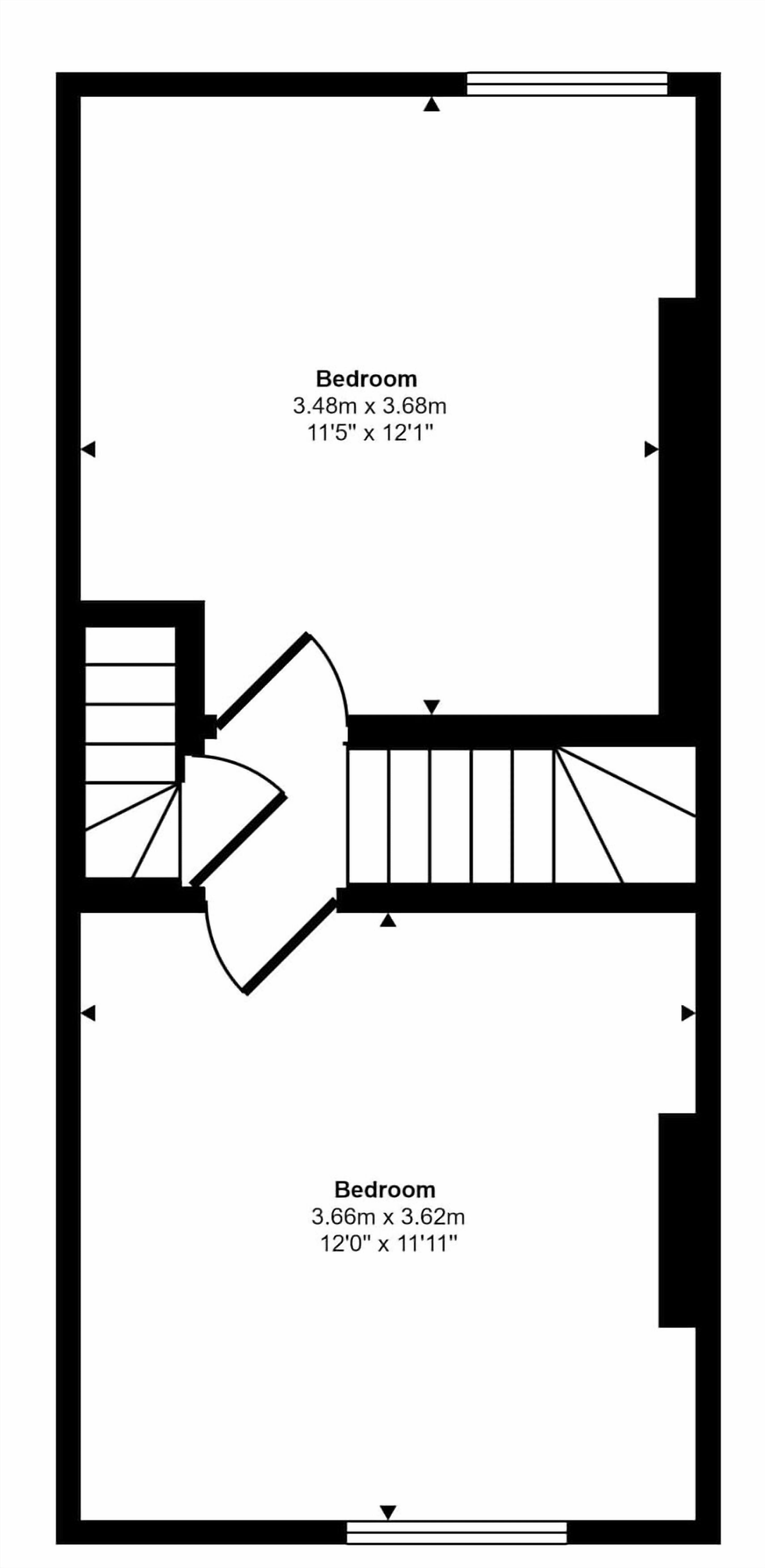 Pianta degli interni con due camere da letto, una di 3,48m x 3,68m e l'altra di 3,66m x 3,62m, collegate da un corridoio centrale.