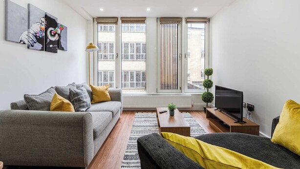Ein modernes Wohnzimmer mit einem grauen Sofa, einem Couchtisch und einem Fernseher. Große Fenster mit Jalousien, eine Heizung und eine Pflanze im Fensterbrett sind ebenfalls zu sehen.
