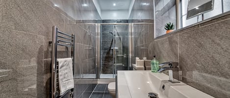 A modern bathroom with a glass-enclosed shower, a large bathtub, and a toilet.