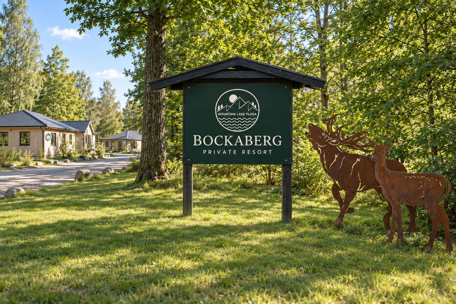 A sign for Bockberg Private Resort with a logo, a mountain and lake graphic, and two deer sculptures.