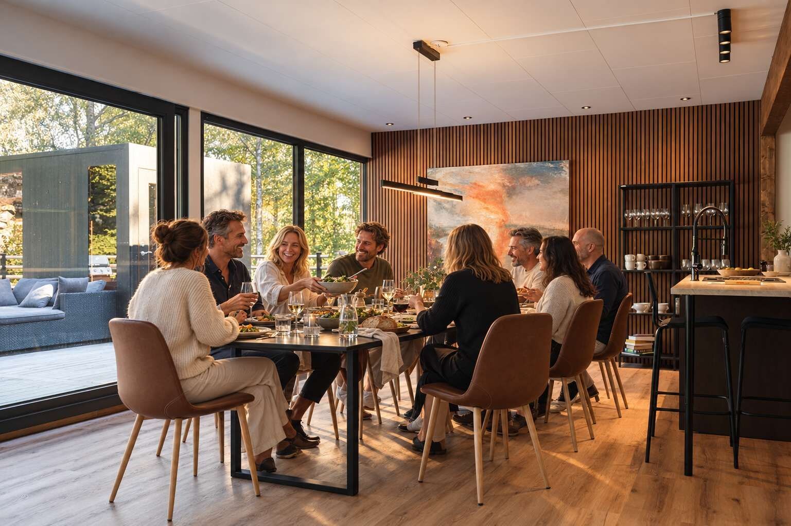 Un espace repas moderne, doté d’une grande table, de chaises et offrant une vue sur l’extérieur.