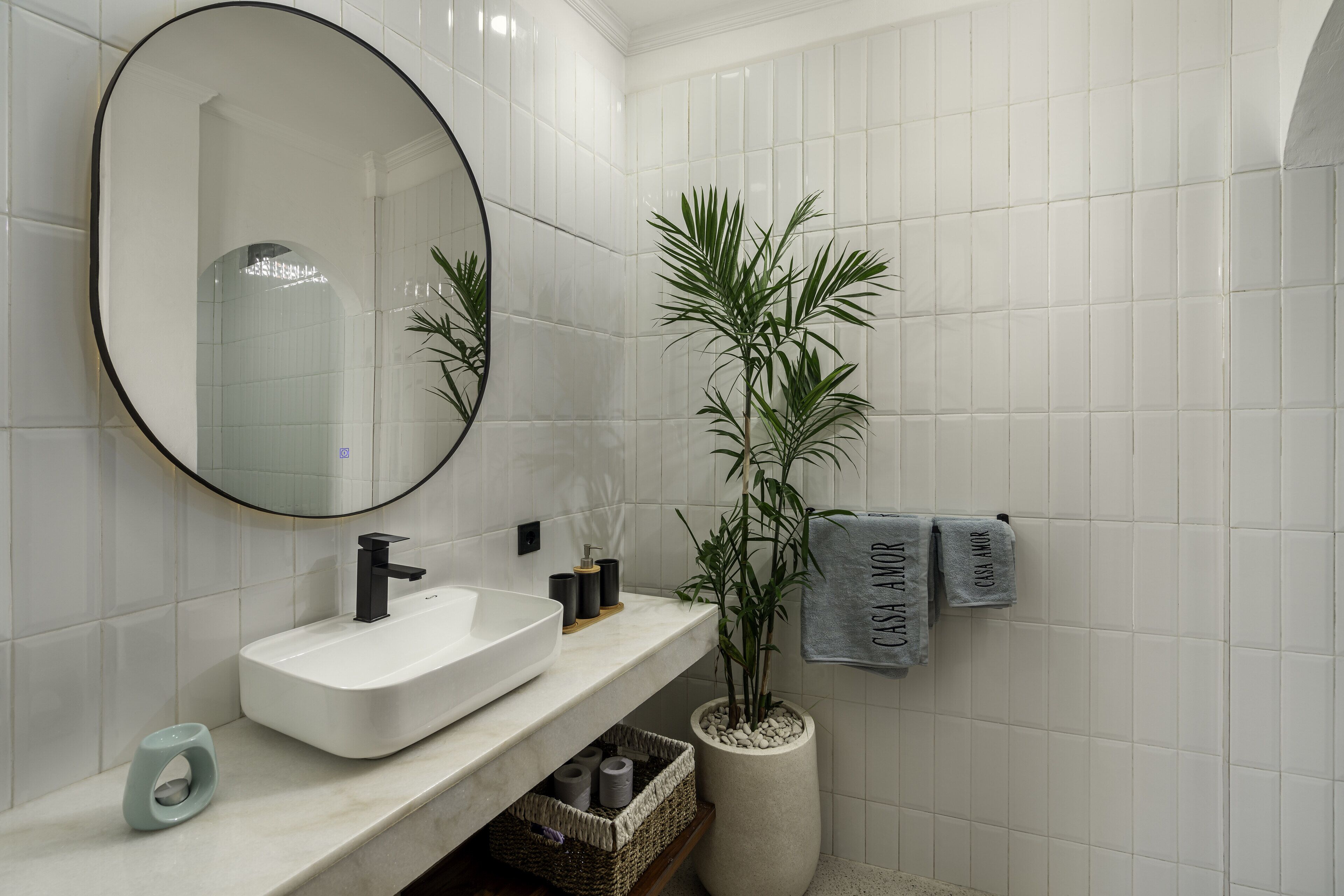 A bathroom with a white sink, a mirror, a potted plant, and two towels hanging on the wall.