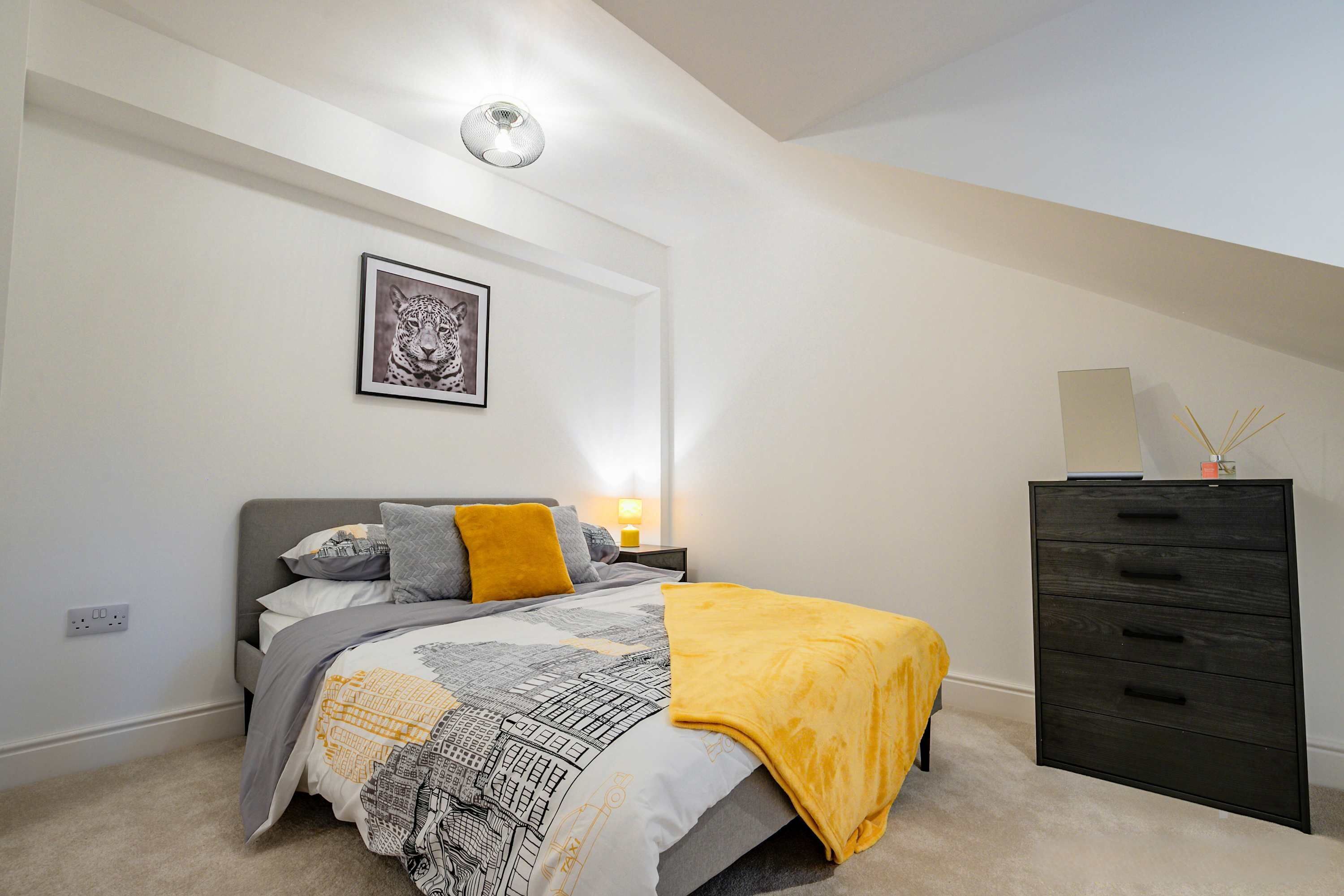 A bedroom with a bed, a nightstand, a dresser, and a ceiling light.