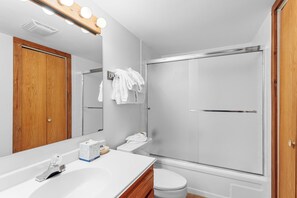 Hair dryer, towels, soap, shampoo
