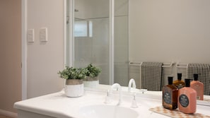 Shower, hair dryer, towels