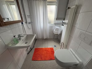A bathroom with a sink, toilet, and shower area. - Apartment Sonja - Very cozy (close to the city center!) (Freiburg im Breisgau)