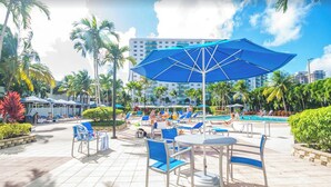 Un área de piscina en un resort con sombrillas azules, sillones de descanso y un edificio grande al fondo.
