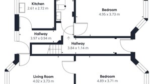 Een plattegrond met een badkamer (1.31 x 2.44 m), keuken (2.61 x 2.72 m), twee slaapkamers (4.95 x 3.73 m en 4.89 x 3.71 m), woonkamer (4.02 x 3.73 m) en twee gangen (3.97 x 0.94 m en 3.84 x 1.14 m).