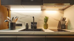 A modern kitchen with a stainless steel sink, a built-in stove, and a marble backsplash. - Residenz am Lech - Wohnung 3 (Steeg, Lechtal)