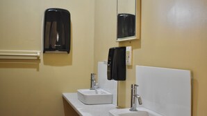 A bathroom with two sinks, a mirror, and a soap dispenser. - The Blackhorse Hotel (Christchurch)