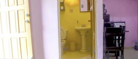 A room with a bed, a bathroom with a toilet and sink, and a chair.