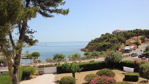 Une vue sur la côte, avec un ciel dégagé, une plage et une zone résidentielle avec des maisons et de la verdure.