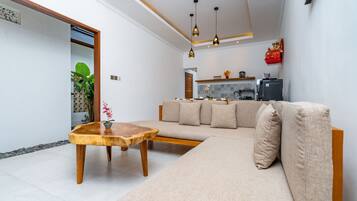 Family Villa, 2 Bedrooms, Pool View | Living area | 43-inch LED TV with satellite channels, Netflix, streaming services