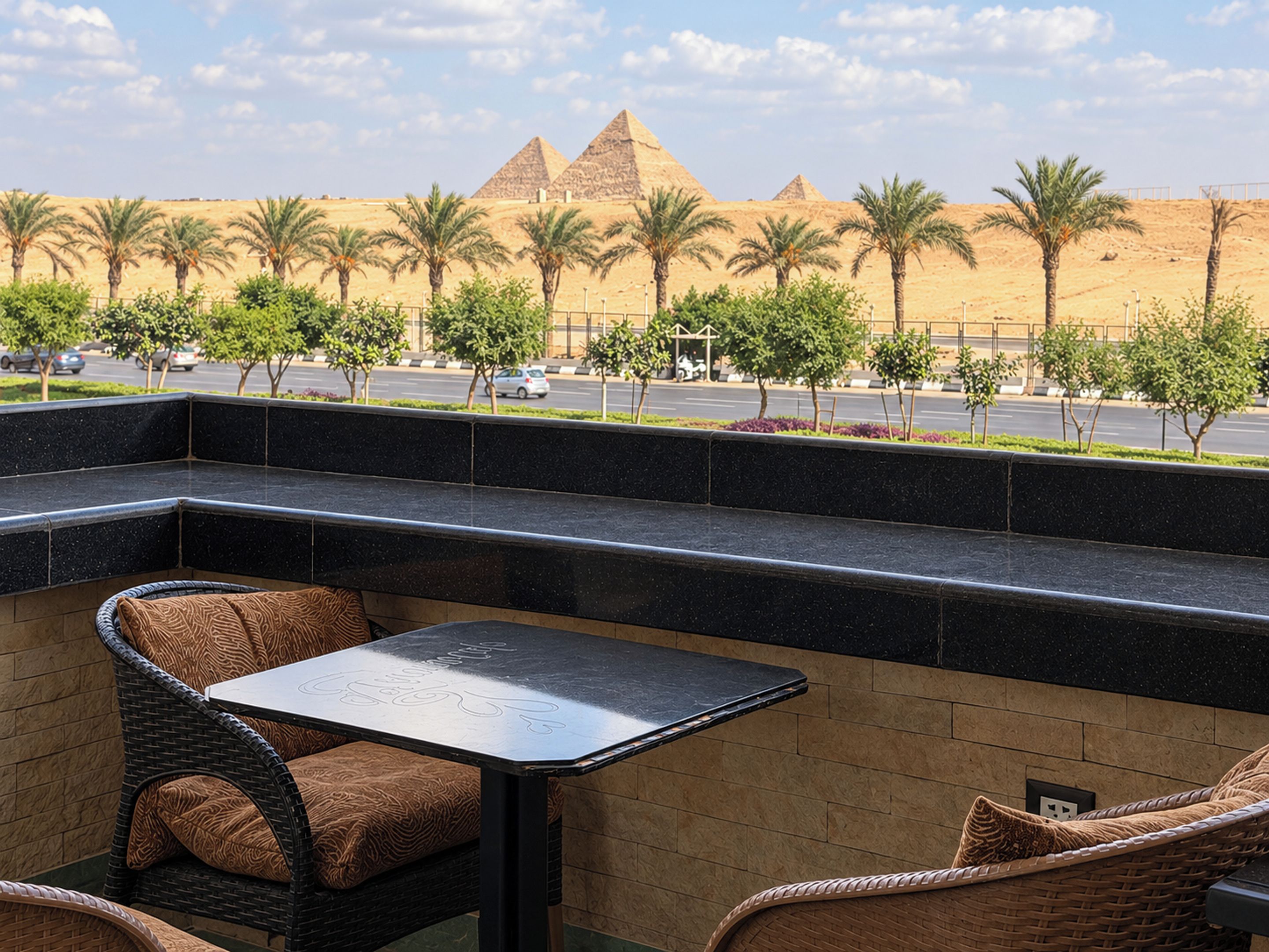 A terrace with a table and chairs, overlooking a street with palm trees and a view of the pyramids.
