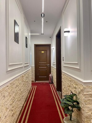 A hallway with a red carpet, a wooden door, and a potted plant. - New White Pyramids Inn (Giza)