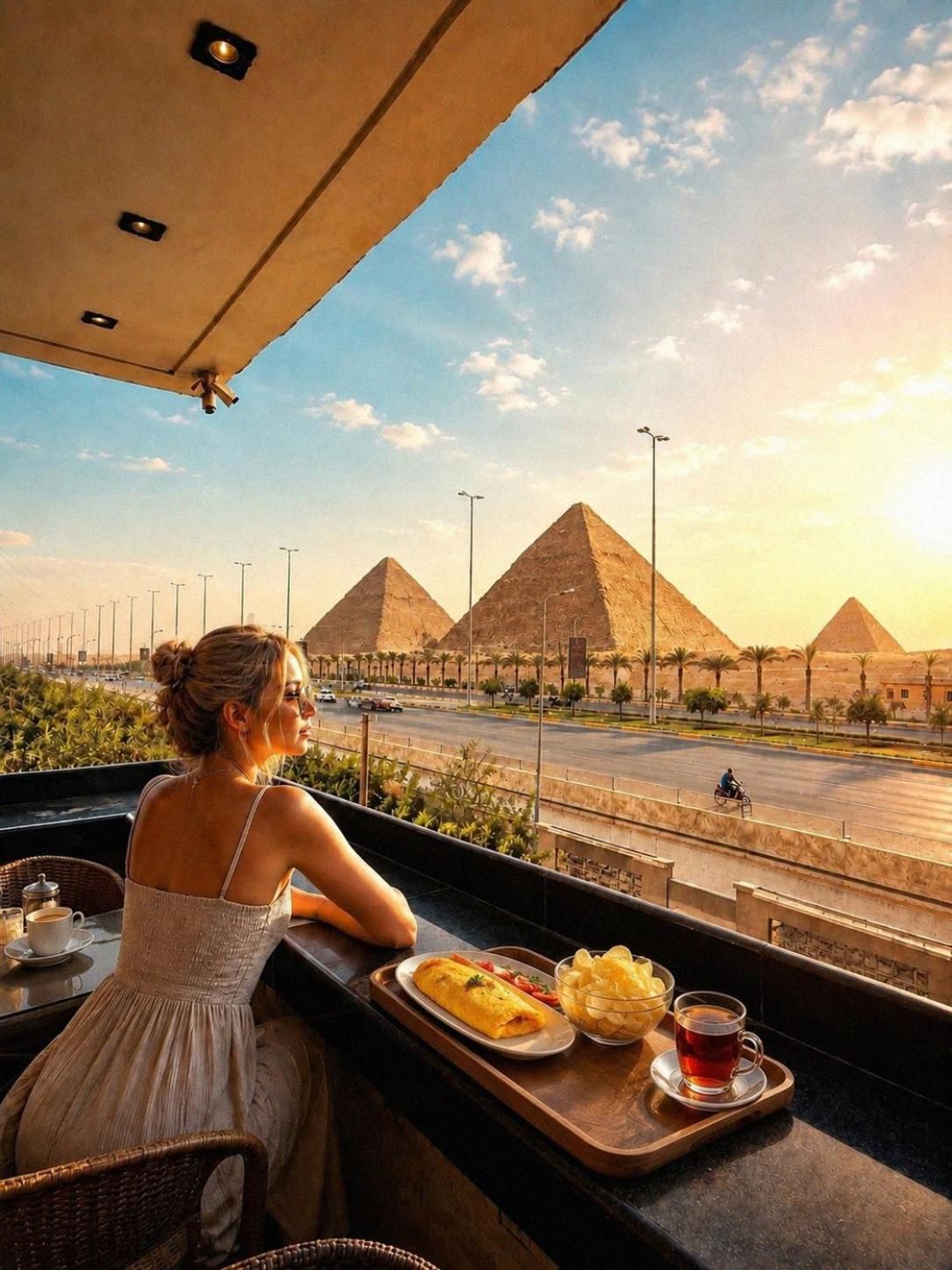 A person seated at a table with a tray containing food and a drink, overlooking a street with palm trees and a view of the pyramids.