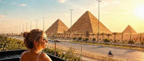 A person seated at a table with a tray containing food and a drink, overlooking a street with palm trees and a view of the pyramids.