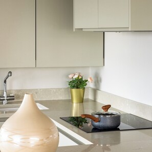 A kitchen with a modern design, featuring a stainless steel sink, a vase, a potted plant, and a pot on a black mat. - Lux Regents Park 2 bed 2 bath flat with AC (London)