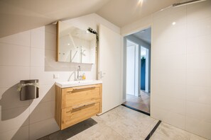 Shower, hair dryer, towels