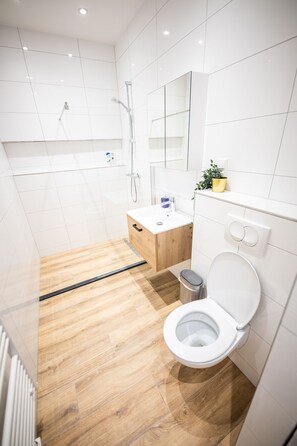 Shower, hair dryer, towels