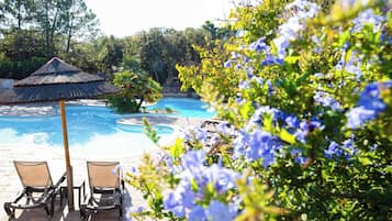 Seasonal outdoor pool, pool umbrellas, pool loungers
