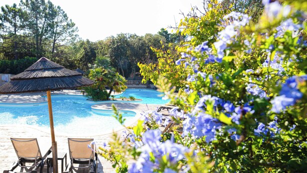A pool area with lounge chairs and a thatched umbrella.