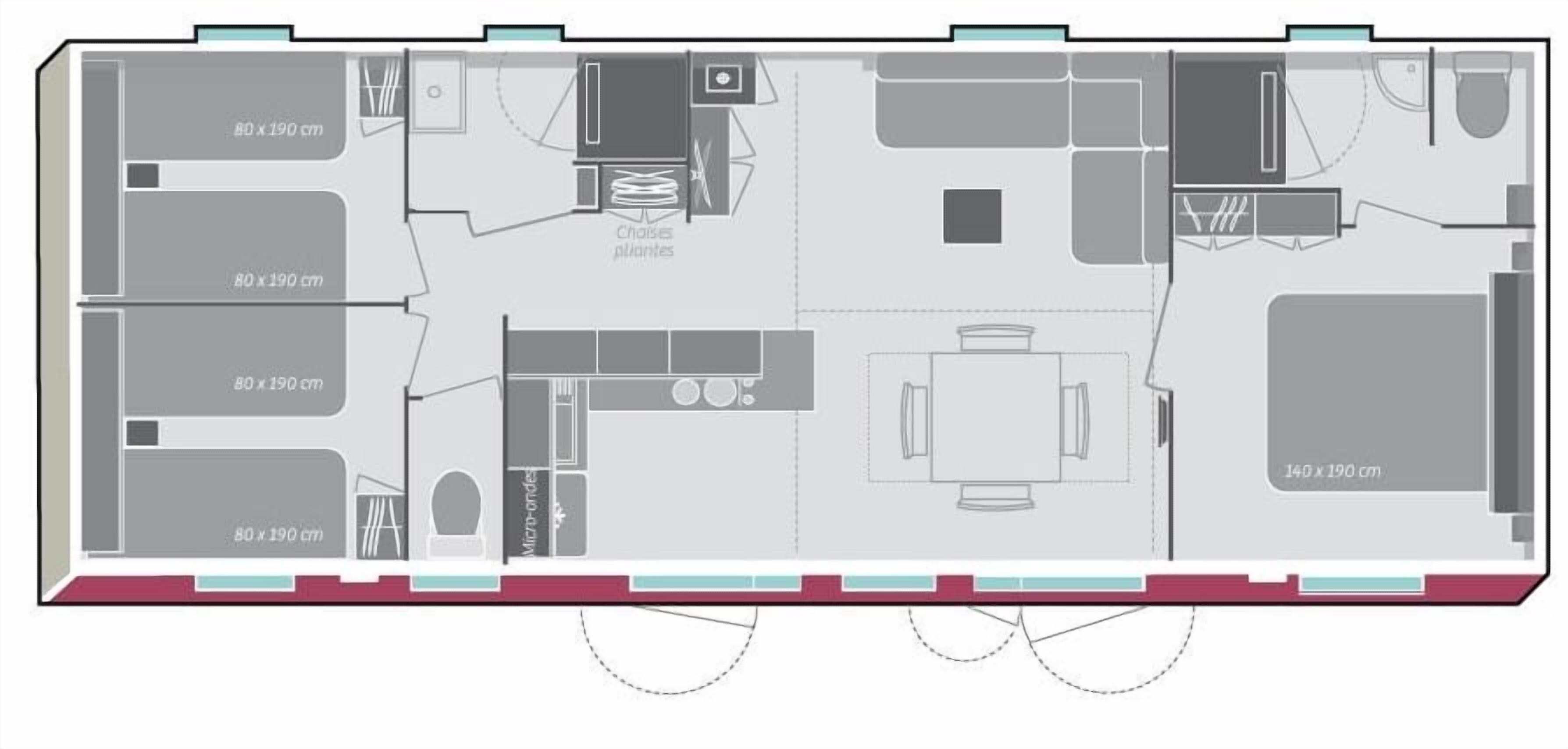 A floor plan of a hotel with multiple rooms, a dining area, and a kitchen.