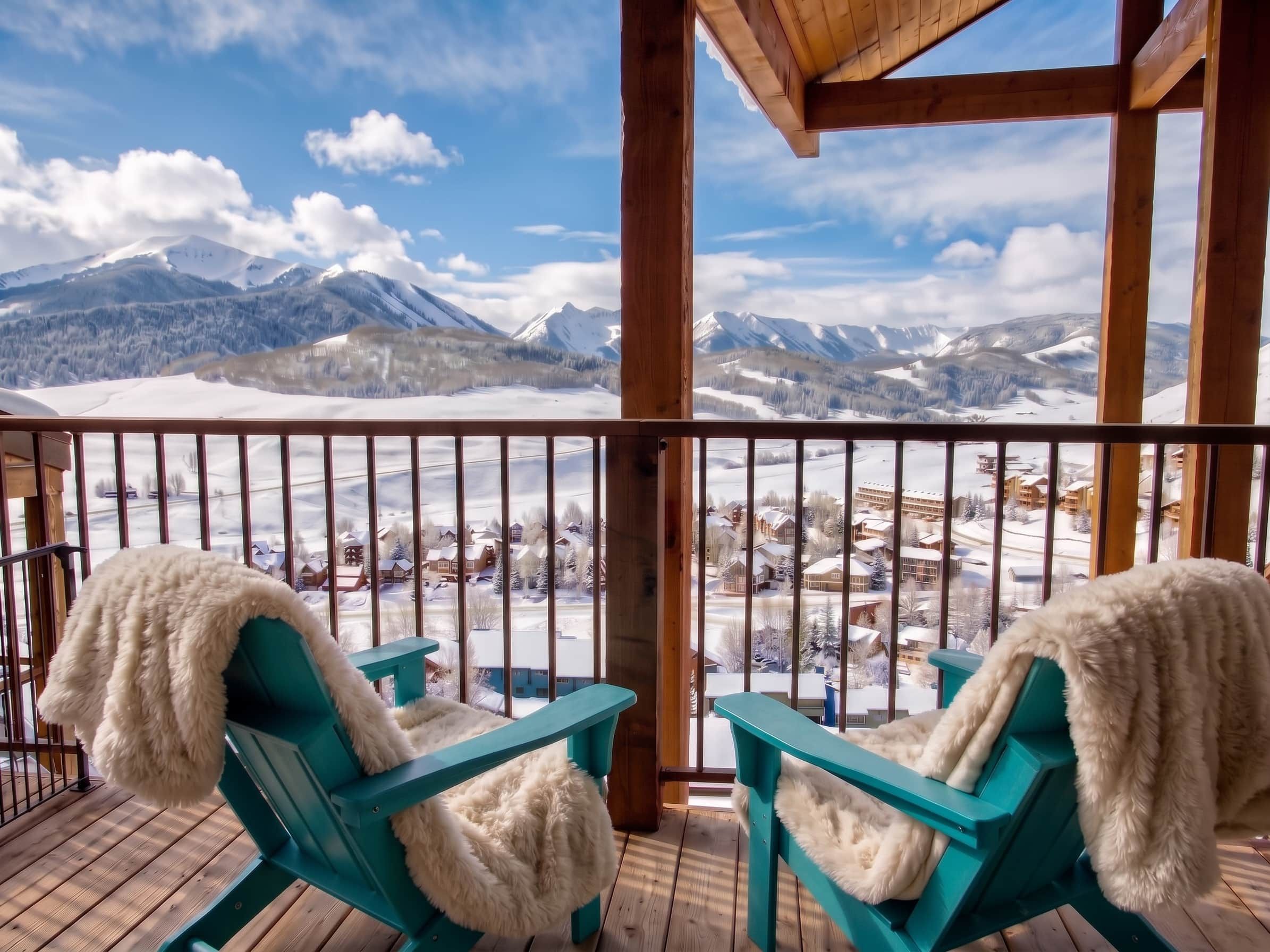 A balcony with two chairs and a view of snow-covered mountains.