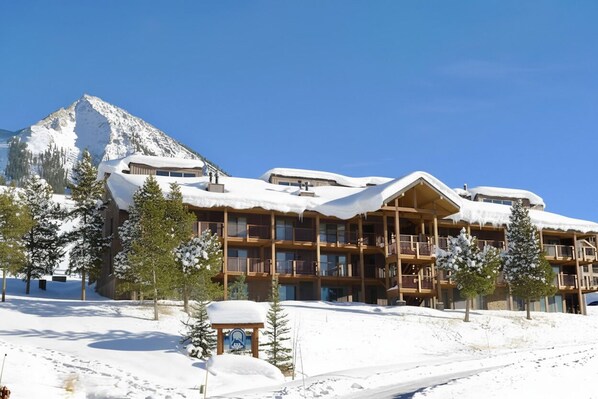 Un chalet à plusieurs étages doté de balcons, entouré d’arbres couverts de neige et avec une montagne en toile de fond.