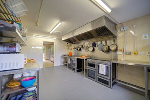 Une cuisine professionnelle équipée d’appareils en acier inoxydable, notamment des fours et un four à micro-ondes, et de divers ustensiles de cuisine accrochés au mur.