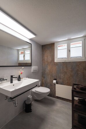 Condo familial, balcon, vue sur la montagne | Salle de bain | Douche, séchoir à cheveux, serviettes fournies, shampooing