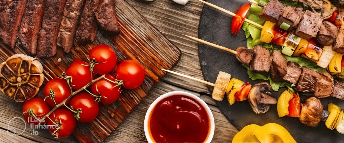 A variety of grilled meats and vegetables on skewers, a bowl of sauce, and a wooden table.