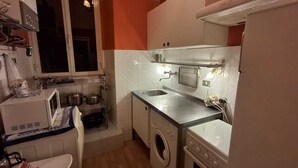 Une cuisine compacte équipée d’un lave-linge, d’un four et d’un petit évier.